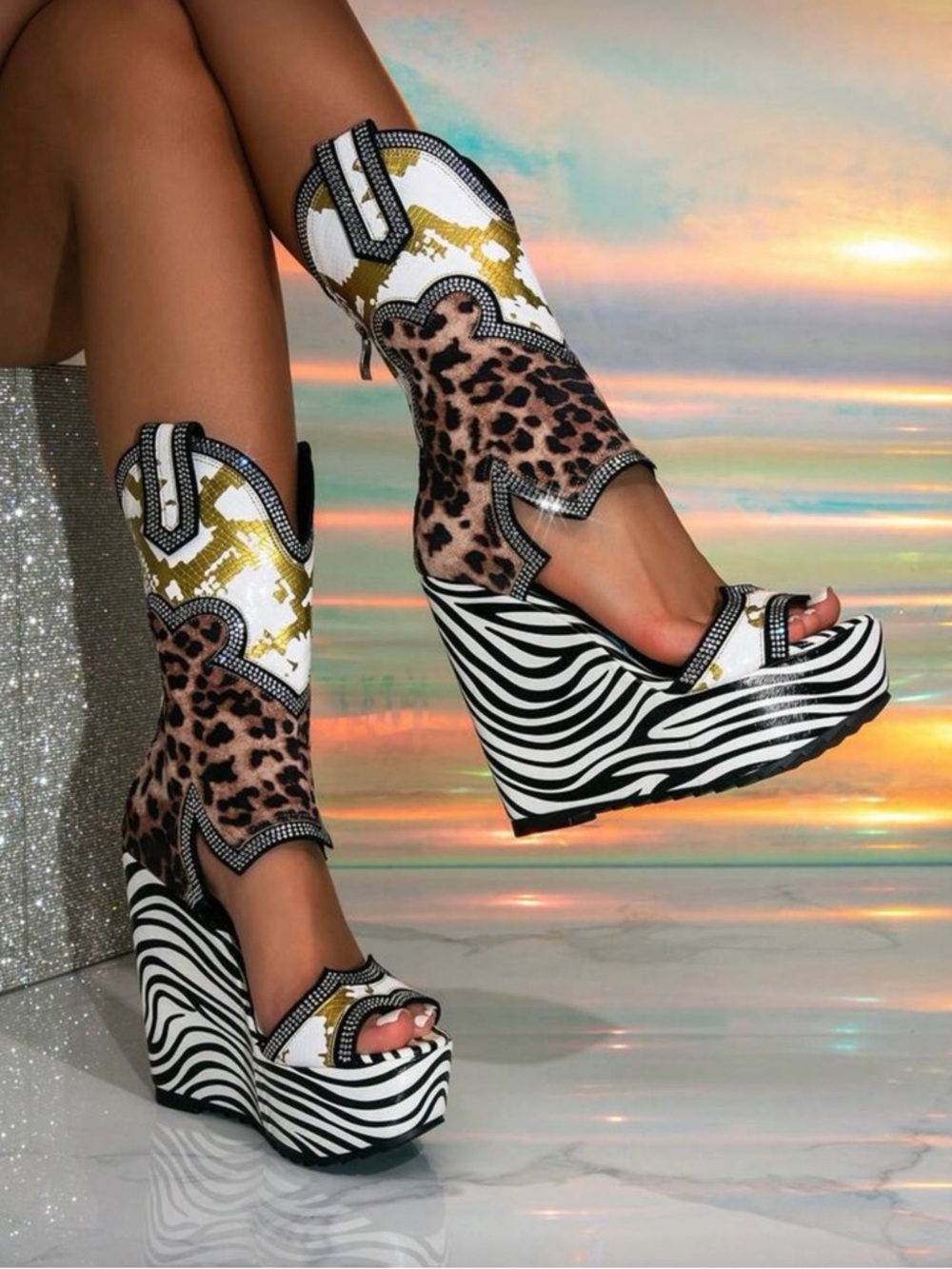 Leopard & Zebra Platform Wedge Sandals - Multicolor